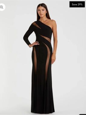 Mac Duggal Black One-Shoulder Mesh-Inset Evening Gown